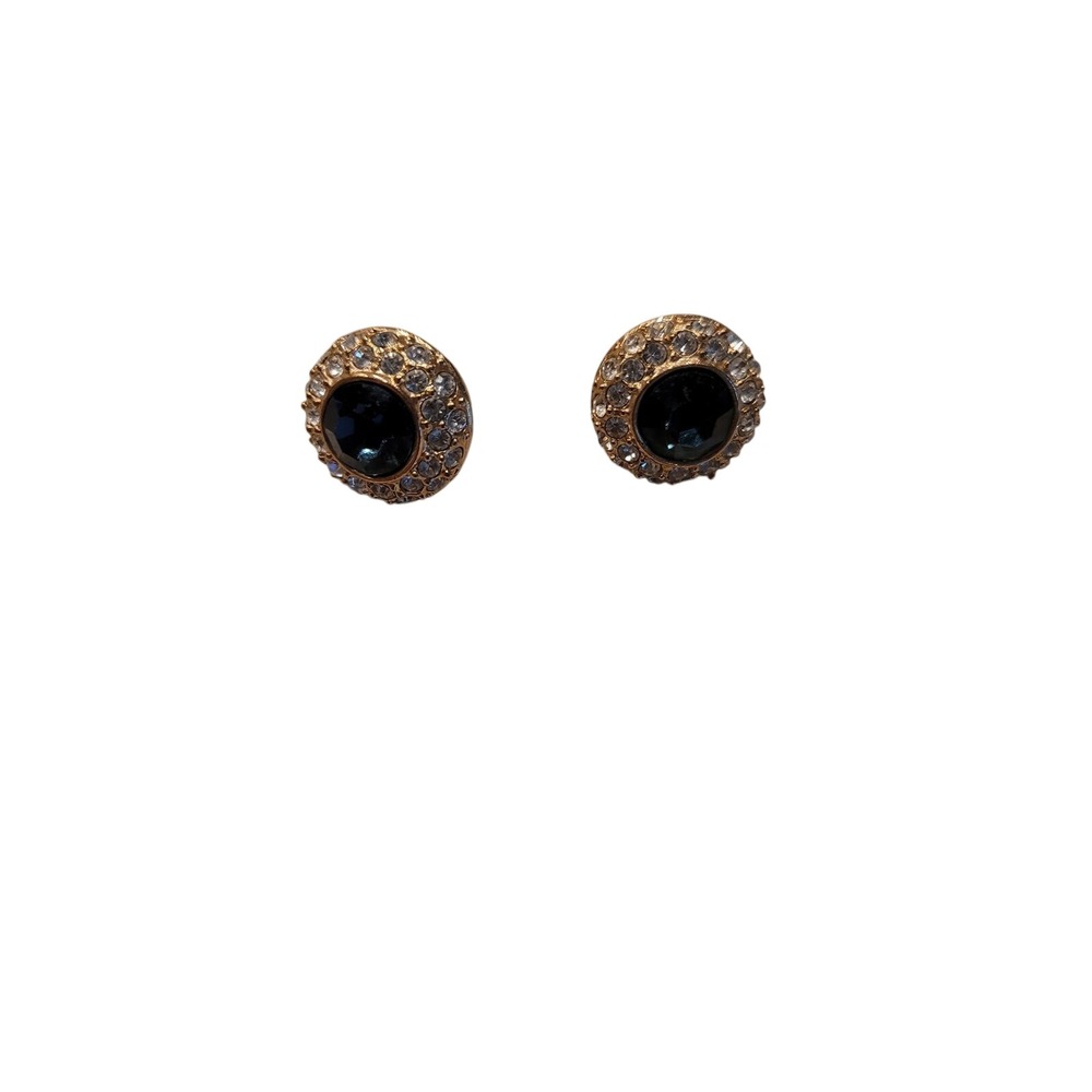 Vintage Gold Tone Blue Stone Halo Stud Earrings Round Crystal Border Sparkly